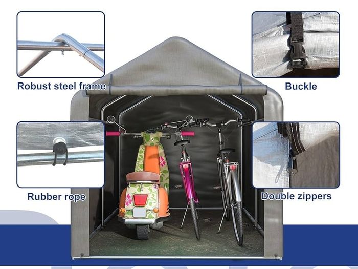 2.2M 1.6M Garden Waterproof Anti-UV Bike Storage Tent Bicycle Motorcycle Shed Shelter Outdoor Backyard Steel Frame PE Cover Zipper Door Large Grey