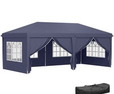 Folding Pavilion 6 x 3m, Removable Side Walls, Large Windows, Zipper Doors, Steel Frame, Blue