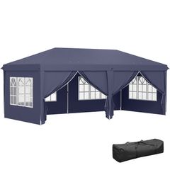 Folding Pavilion 6 x 3m, Removable Side Walls, Large Windows, Zipper Doors, Steel Frame, Blue