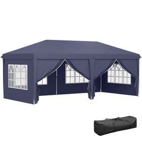 Folding Pavilion 6 x 3m, Removable Side Walls, Large Windows, Zipper Doors, Steel Frame, Blue