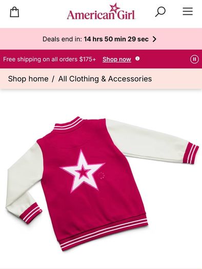American Girl Star Squad berry coloured Varsity Jacket with white faux-leather sleeves Size M EUC