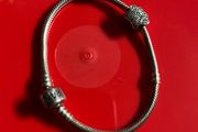 Pandora Moments Barrel Clasp Snake Chain Bracelet with silver Sparkling Paw Print Charm