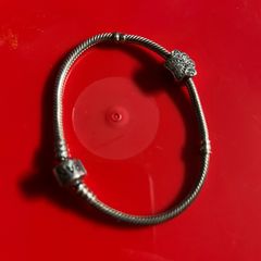 Pandora Moments Barrel Clasp Snake Chain Bracelet with silver Sparkling Paw Print Charm