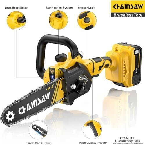 Mini Chainsaw Cordless 8 inch Compatible with Dewalt 18V 20V Battery, Brushless Auto Oiler, Portable Handheld Small Electric Chainsaw with Chain for Wood Cutting (No Battery)