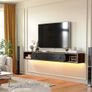 Floating TV Stand, 140cm Wall Mounted Media Console, Plywood TV Unit with 1 Door & 2 Open Cabinets,Easy Assembly for Living Room & Bedroom,Walnut and Black Image 5