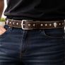 Unisex Brown Leather Stud Belt Vintage Studded Leather Belt with Silver Buckle for Men & Women Image 2