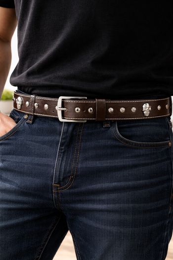 Unisex Brown Leather Stud Belt Vintage Studded Leather Belt with Silver Buckle for Men & Women