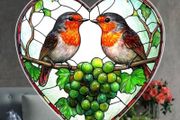 2 Robins on grape branch Suncatcher