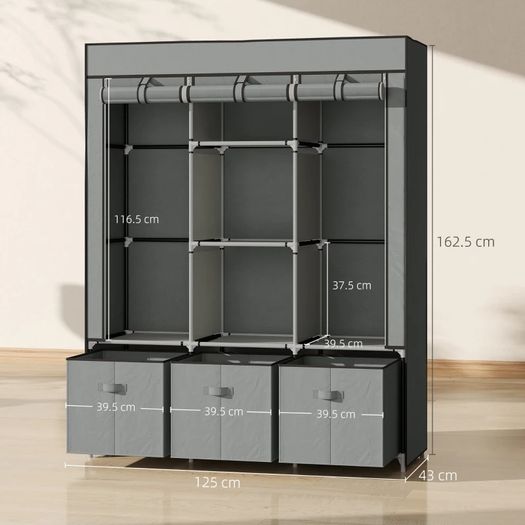 Foldable Fabric Wardrobe for Bedroom, Portable Wardrobe with 5 Shelves, 2 Hanging Rails and 3 Fabric Drawers, Light Grey