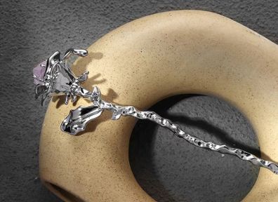 Rebel Studio Pink Stone Silver Rose Hair Pin / Hair Stick