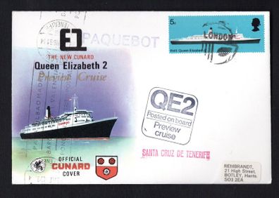 1969 Great Britain Cover Celebrating Preview Cruise of the The New Cunard Queen Elizabeth 2 with London cancel on stamp, posted on board cancel & Santa Cruz de Tenerife cancel