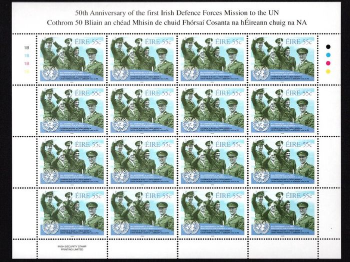 2008 Ireland 50th Anniversary of Defence Forces Serving on a UN Mission Commemorative Stamp Sheetlet Plate 1B1B1B1B Mint Never Hinged (MNH)