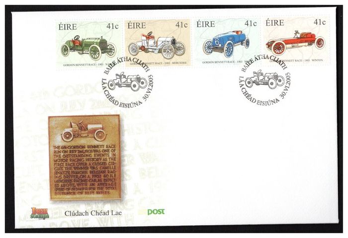 2003 Ireland Centenary of Gordon Bennett Race (Napier, Mercedes, Mors, Winton) Commemorative Stamps An Post First Day Cover (FDC)