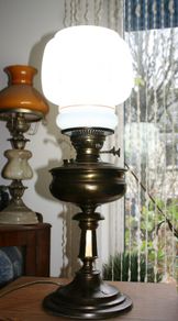 Vintage 1800s Oil Lamp Converted To Electric Oil Gwtw Table Lamp With Milk Glass Shade H-22"