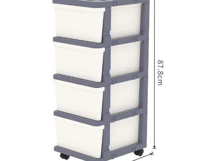 Storage Drawer on Locking Wheels, Tower with Interlocking Hooks for Home Office Closet Bedroom Dorm, Detachable, Free Combination, White and Gray, 4 Drawers