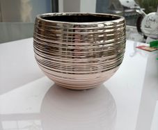 Modern Metallic Ribbed Plant Pot Rose Gold Finish