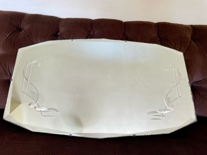 Large Vintage Mid Century Bevelled Mirror with Chain Reverse Etched Chinoiserie Detail