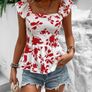 Floral Print Tie Backless Ruffle Trim Blouse - XL Image 2