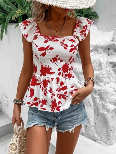 Floral Print Tie Backless Ruffle Trim Blouse - XL