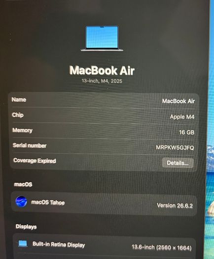 MacBook Air 13-inch M4, 16 GB, 512 GB, Midnight, 13 cycles