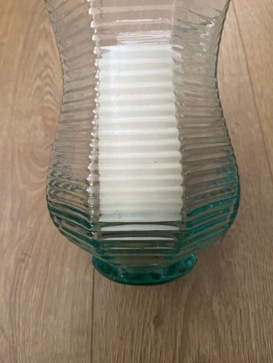 Large 8.5" tall flarred scalloped Aqua Glass Candle Holder or Vase with LED Candle