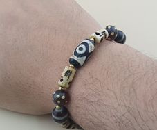 Vintage Himalayan Dzi Bracelet Two Eyes Agate & Striped Agate Beads