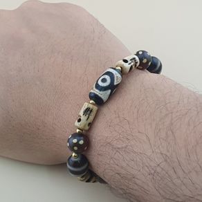 Vintage Himalayan Dzi Bracelet Two Eyes Agate & Striped Agate Beads