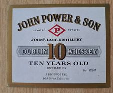 Vintage  John Power & Son 10 years old Dublin whiskey label No3