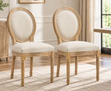 Set of 2 French Style Upholstered Dining Chairs, Cream Linen-Touch Fabric with Backrest, Natural Wood Frame
