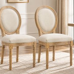 Set of 2 French Style Upholstered Dining Chairs, Cream Linen-Touch Fabric with Backrest, Natural Wood Frame