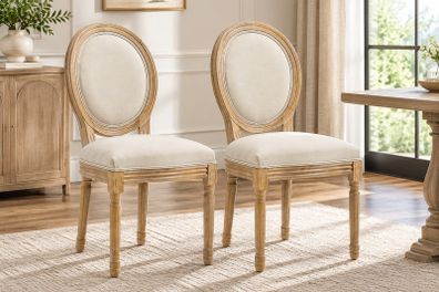 Set of 2 French Style Upholstered Dining Chairs, Cream Linen-Touch Fabric with Backrest, Natural Wood Frame