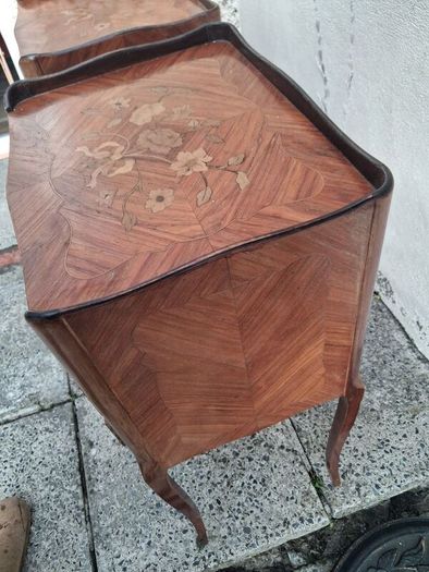 Matching pair of antique French Louis XV style nightstand or bedside tables.