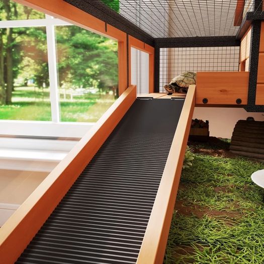 Turtle house, small pet enclosure, 2 rooms, 2 floors, windows, ramps, accessories, wood, steel, yellow