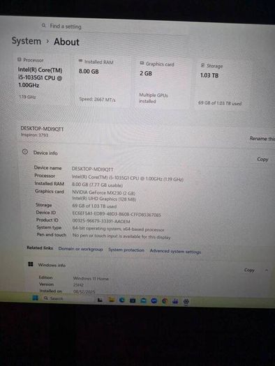 Dell Laptop 8GB Ram 1 TB Storage