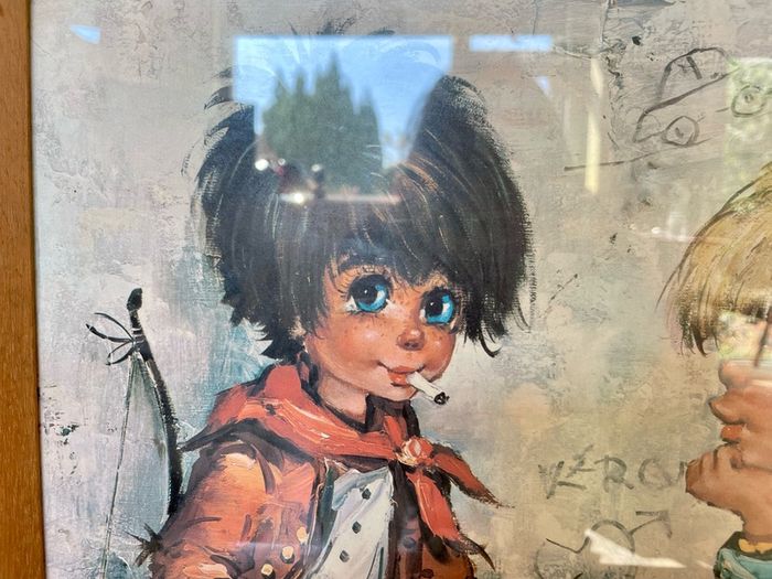 Vintage Teak Framed Certified Art print behind Glass Big Eye Art The Dropouts by Michael Thomas 1969