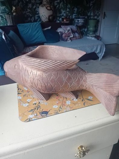 Large vintage hardwood koi carp planter
