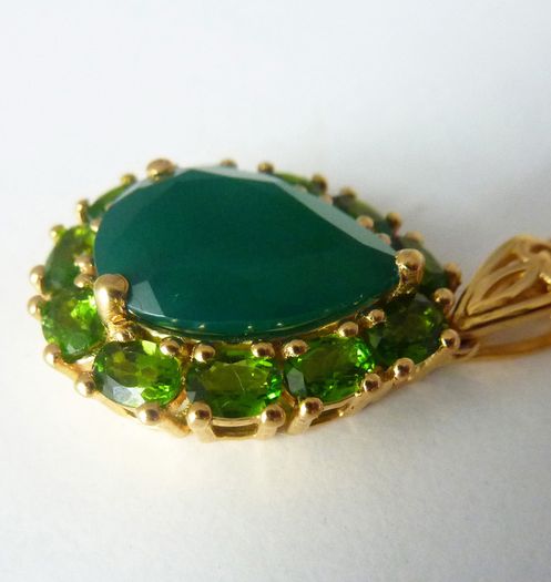 Sterling silver, 14k gold plated, green onyx & diopside pendant & necklace