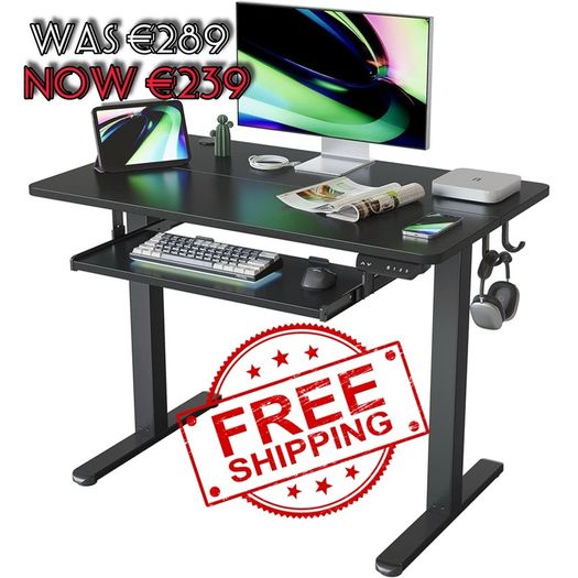 NEW SALE | Height Adjustable Electric Standing Desk with Keyboard Tray, 100 x 60 cm Sit Stand up Desk with Splice Board, Black Frame/Black Top