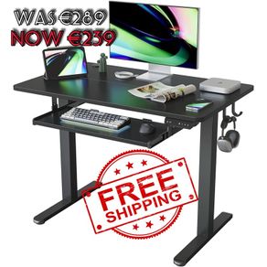 NEW SALE | Height Adjustable Electric Standing Desk with Keyboard Tray, 100 x 60 cm Sit Stand up Desk with Splice Board, Black Frame/Black Top