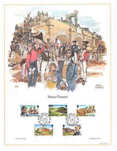 1980 Isle of Man Limited Edition Lithographed Print measuring 333mm X 257mm showing Manx Pioneers Kermode Family in Tasmania Commemorative Stamp with First Day of Issue Cancel