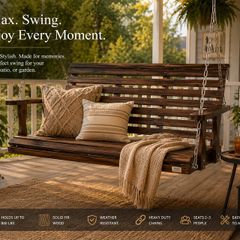 Wooden Porch Swing 4.5 ft, Patio bench swing for Courtyard & Garden, Upgraded 880 lbs Strong Load Capacity, Heavy Duty Swing Chair Bench with Hanging Chains for Outdoors, Carbonized Brown