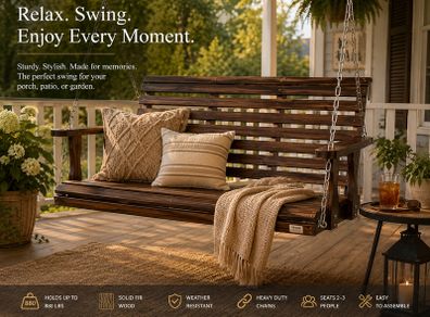 Wooden Porch Swing 4.5 ft, Patio bench swing for Courtyard & Garden, Upgraded 880 lbs Strong Load Capacity, Heavy Duty Swing Chair Bench with Hanging Chains for Outdoors, Carbonized Brown