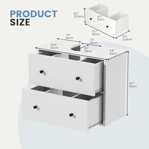 Bathroom under sink cabinet,wall mounted under sink storage,bathroom storage with 2 drawers, Toilet Paper Storage Cabinet, vanity unit, 60 x 30 x 50 cm for small bathroom, White