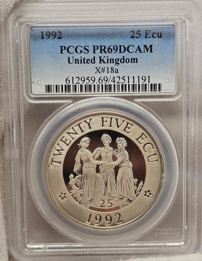 Great Britain 1992 Prooflike 25 Ecu Piedfort PCGS PR69DCAM  Three Graces Coin