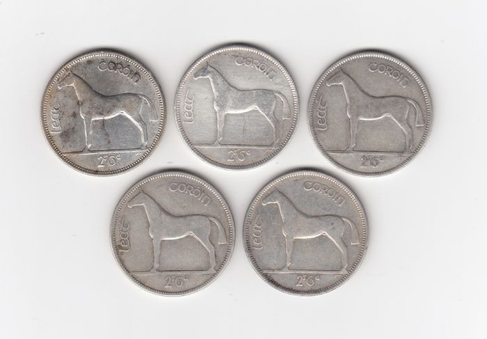 Ireland,5 x Saorstat Eireann Half Crowns, ( 4x1928, & 1x1934)2/6, 75% Silver Coins (No: 495)