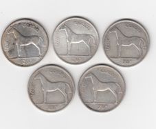Ireland,5 x Saorstat Eireann Half Crowns, ( 4x1928, & 1x1934)2/6, 75% Silver Coins (No: 495)