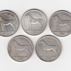 Ireland,5 x Saorstat Eireann Half Crowns, ( 4x1928, & 1x1934)2/6, 75% Silver Coins (No: 495)