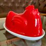 Vintage 1980s Red and White Glossy Egg Storage Hen Shaped Italy Image 2