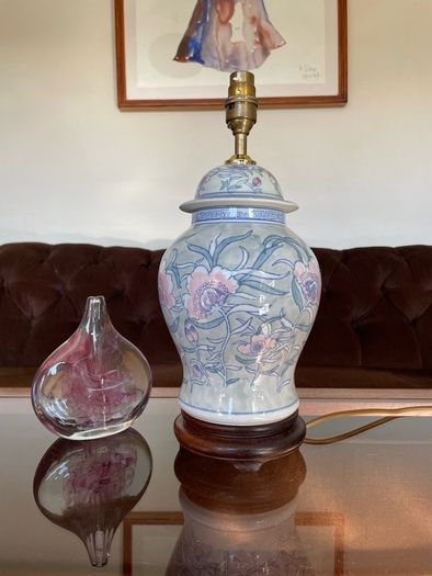 Pretty Oriental Pastel Floral Ginger Jar Lamp Base with Wooden Plinth Base