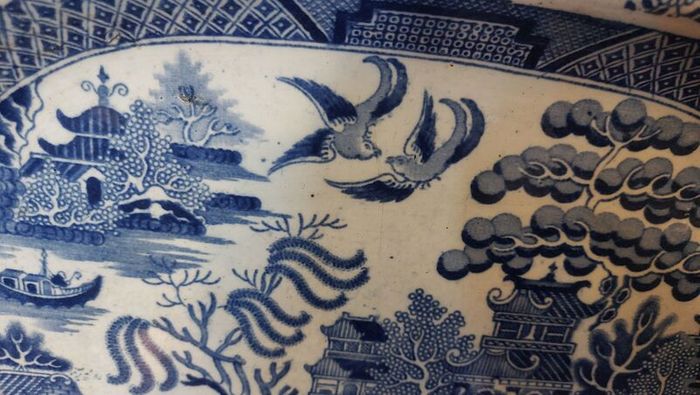Beautiful Antique Blue and White Transferware Willow Pattern Large Platter, Unknown Maker, Circa 1860's, Most Likely Staffordshire Made